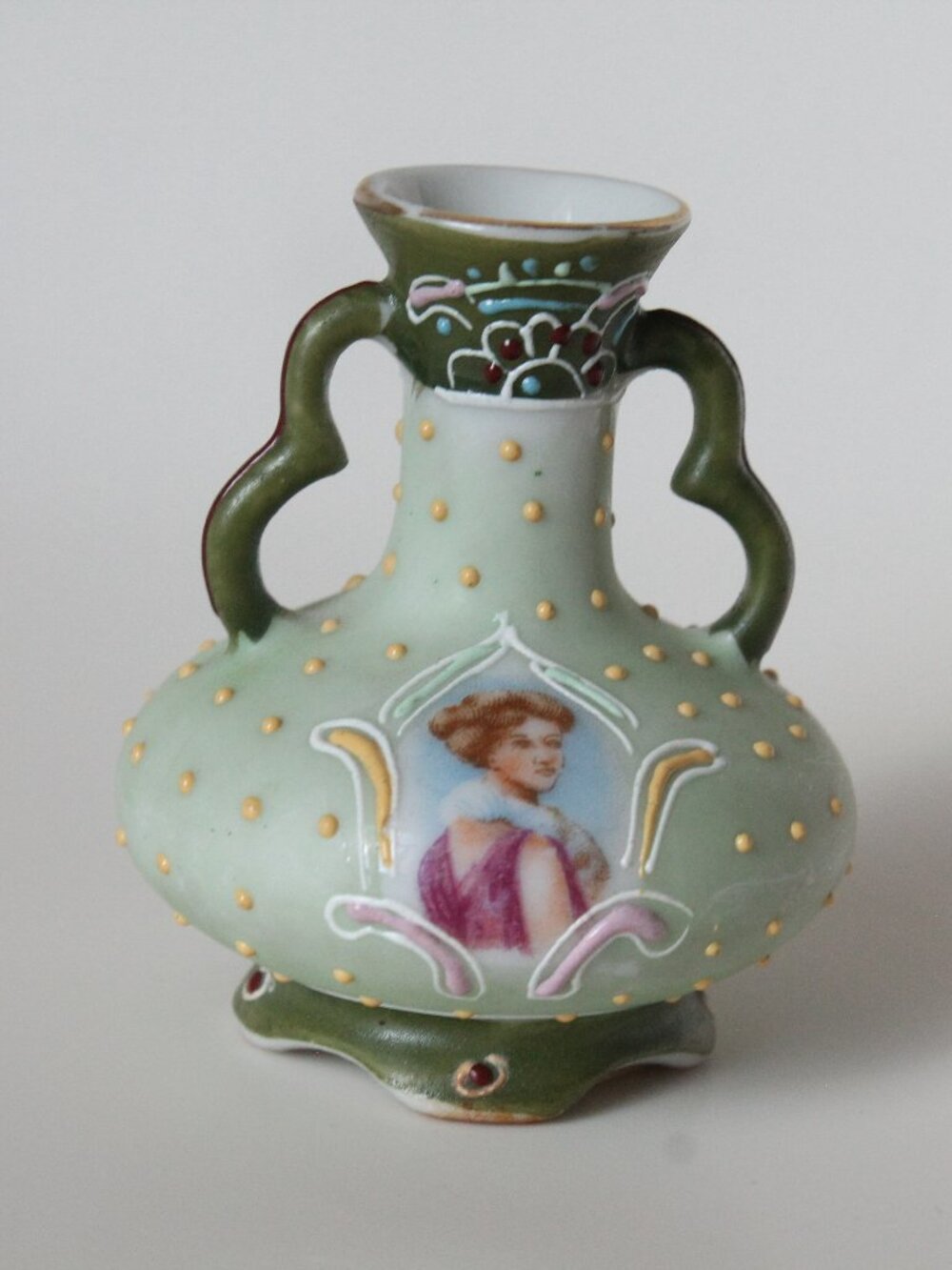 Miniature Green Vase with Romantic Portrait of a Lady